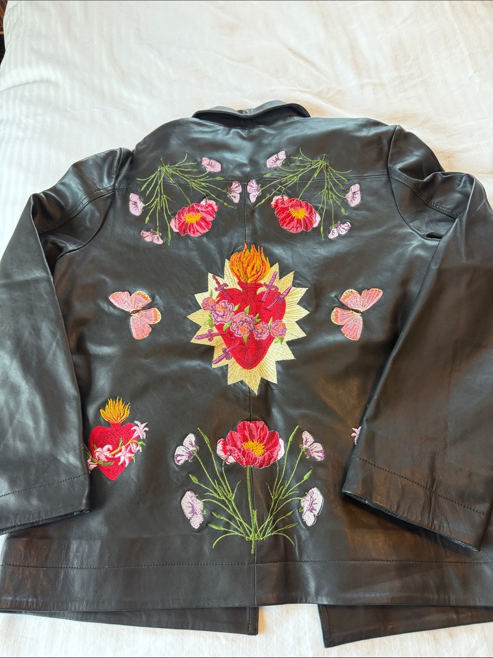Embroidered Black Leather Jacket with Floral Sacred Heart Motif